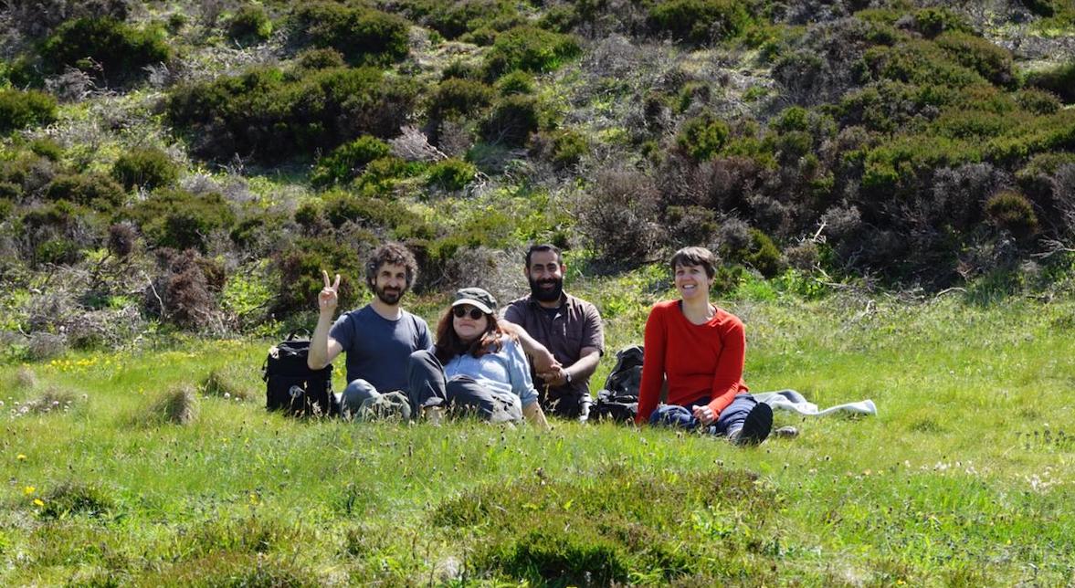 Four people sat on a grassy hillside